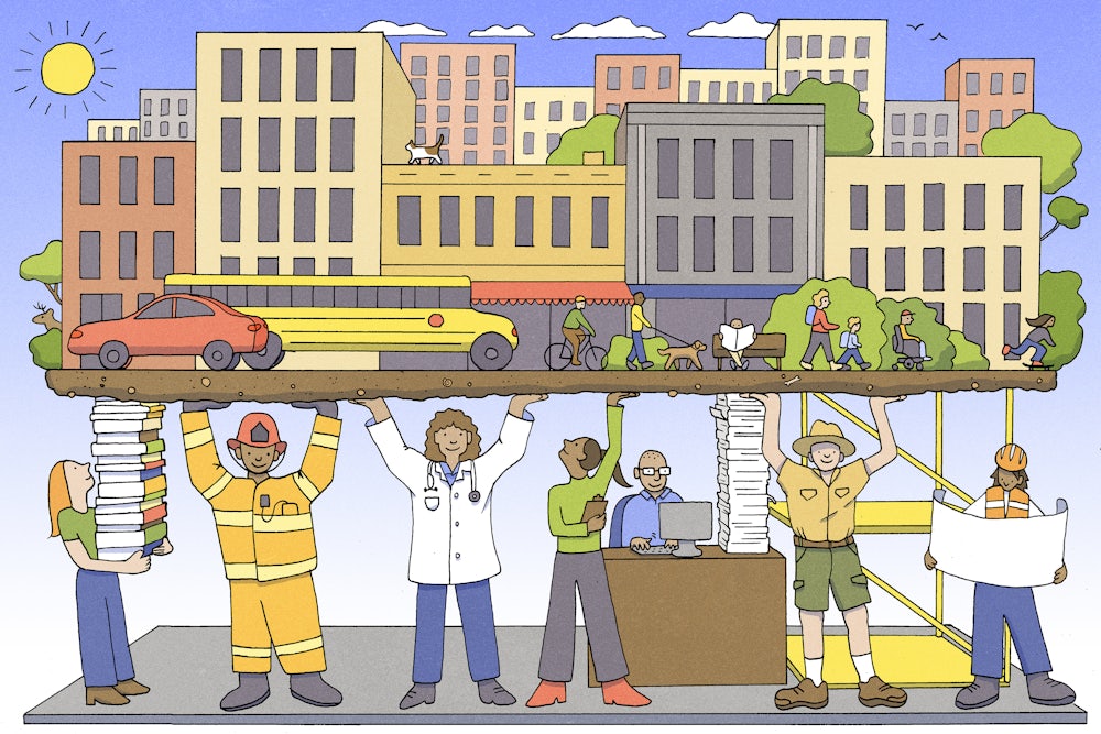 An illustration of a group of service workers holding up a city scene, symbolizing the work they do behind the scenes to keep society running smoothly