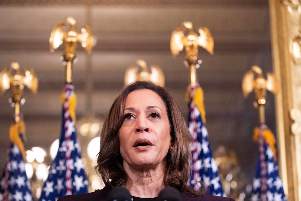 Kamala Harris speaks while standing in front of American flags