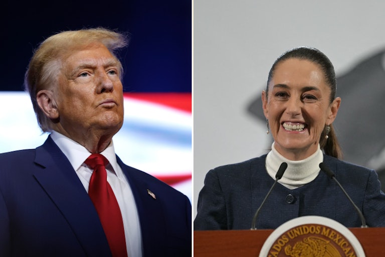 Splitscreen of Donald Trump pursing his lips and Mexican President Claudia Sheinbaum smiling at a press conference