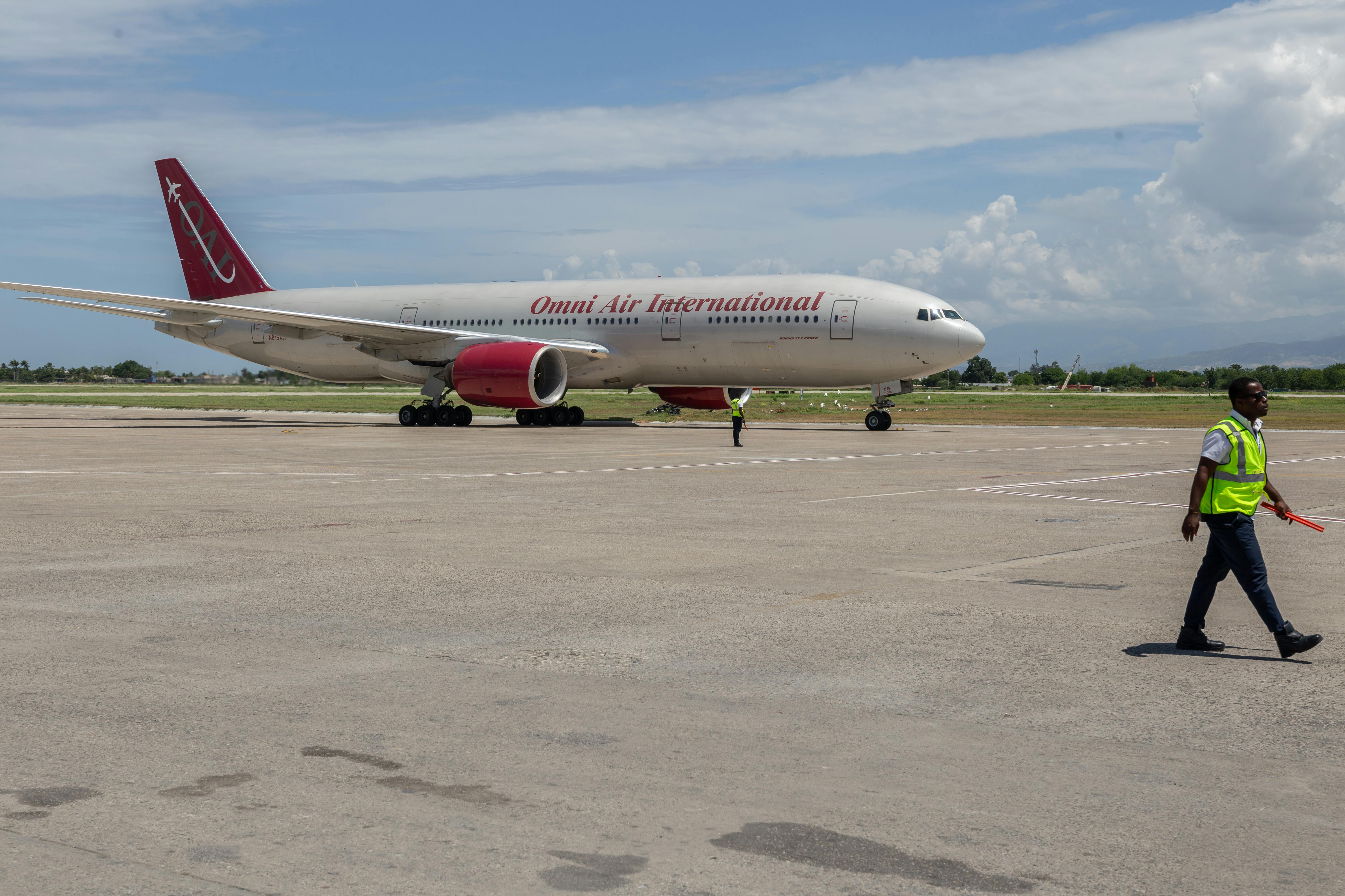 An Omni Air International plane at the airport in Port-au-Prince, Haiti 