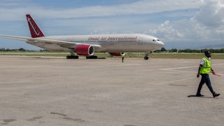 An Omni Air International plane at the airport in Port-au-Prince, Haiti