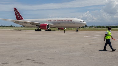 An Omni Air International plane at the airport in Port-au-Prince, Haiti