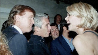 Donald Trump and Jeffrey Epstein talk to a smiling blonde woman.