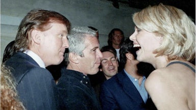 Donald Trump and Jeffrey Epstein talk to a smiling blonde woman.