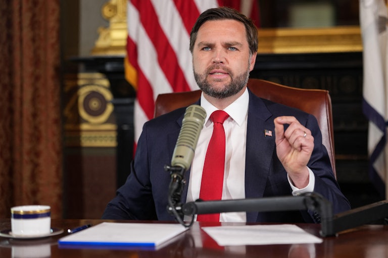 JD Vance hosts the Charlie Kirk podcast in the Eisenhower Executive Office Building in the White House.