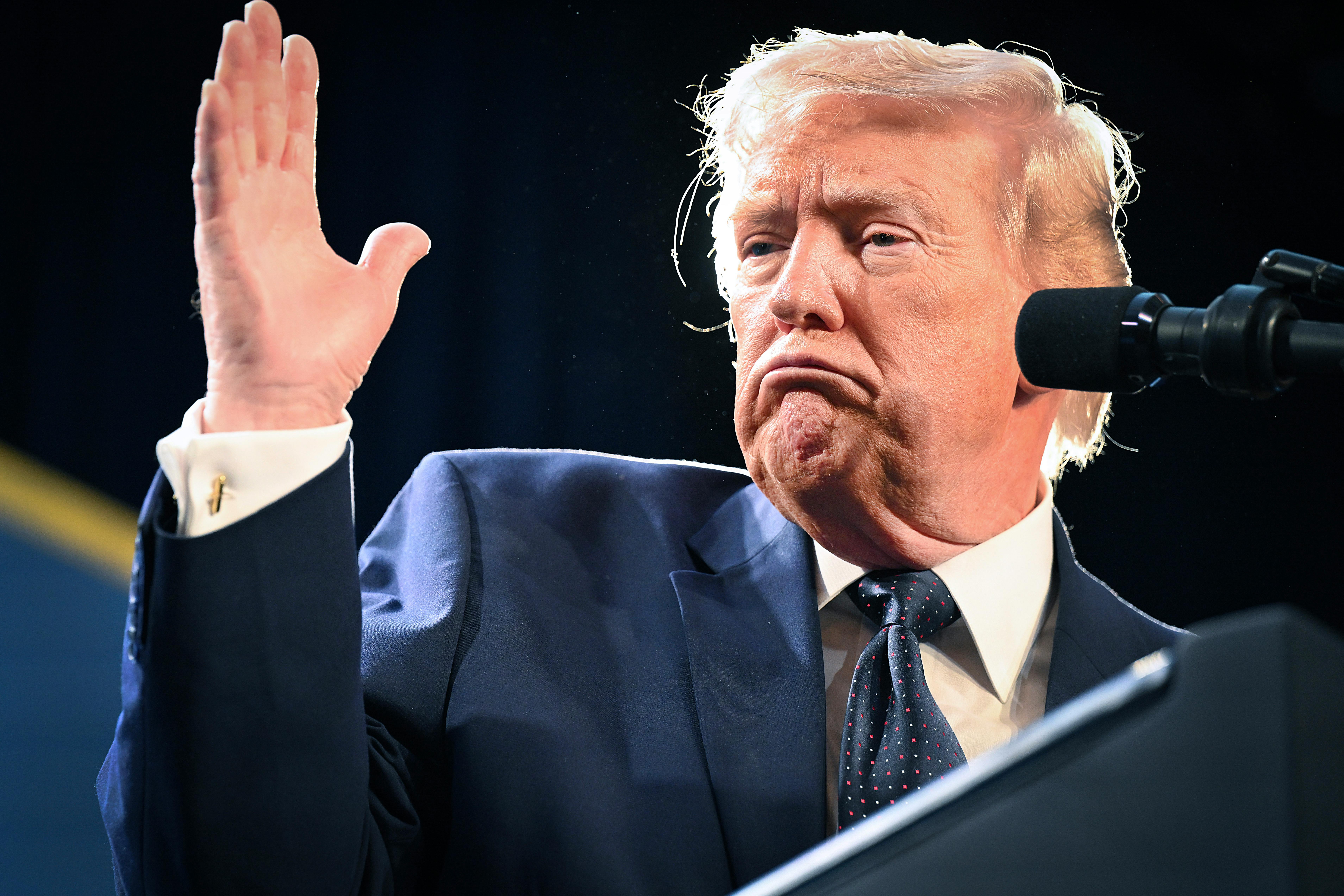 Donald Trump raises right hand while frowning