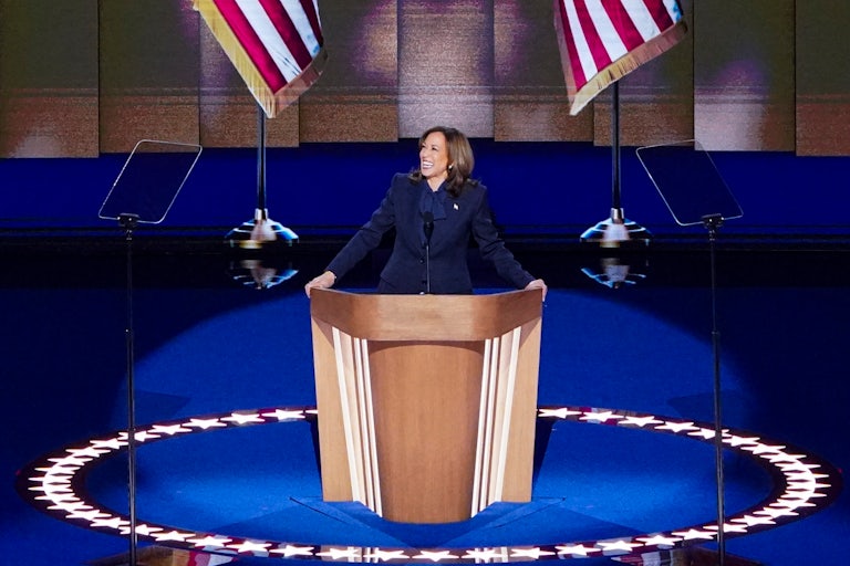 Kamala Harris speaks on stage at the Democratic National Covention