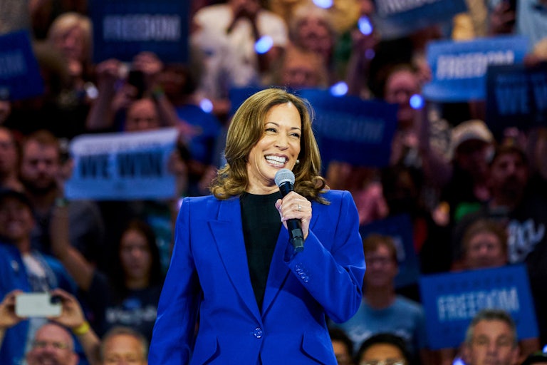 Kamala Harris smiles during a campaign event