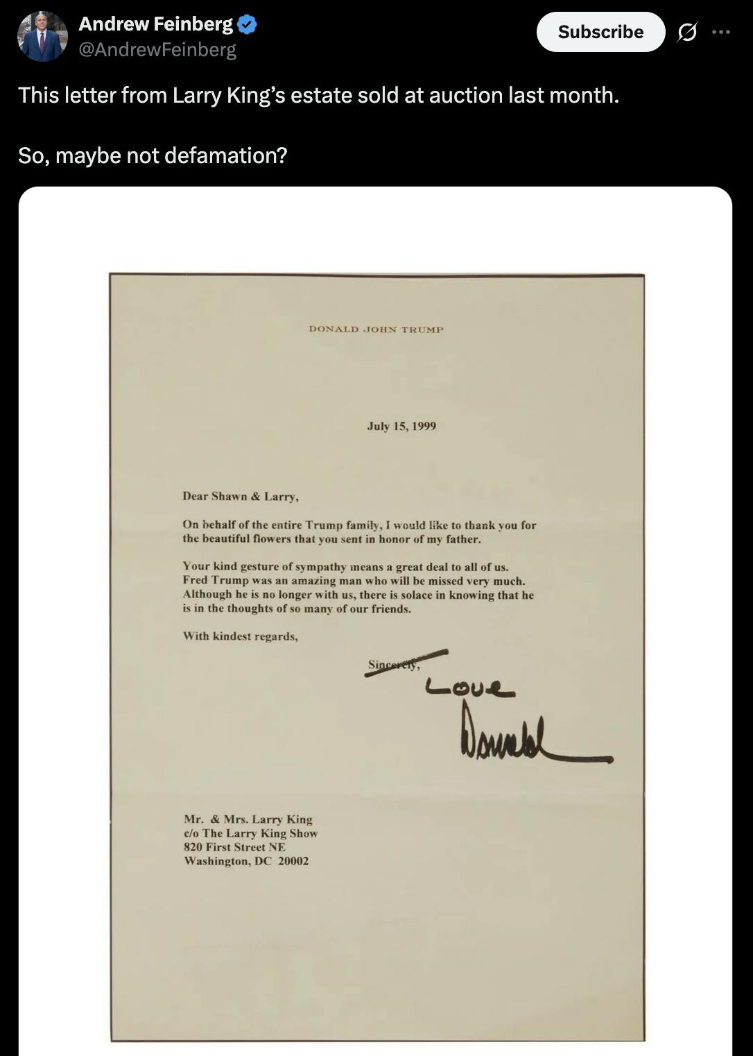 X screenshot Andrew Feinberg @AndrewFeinberg This letter from Larry King’s estate sold at auction last month. So, maybe not defamation? (photo of letter)