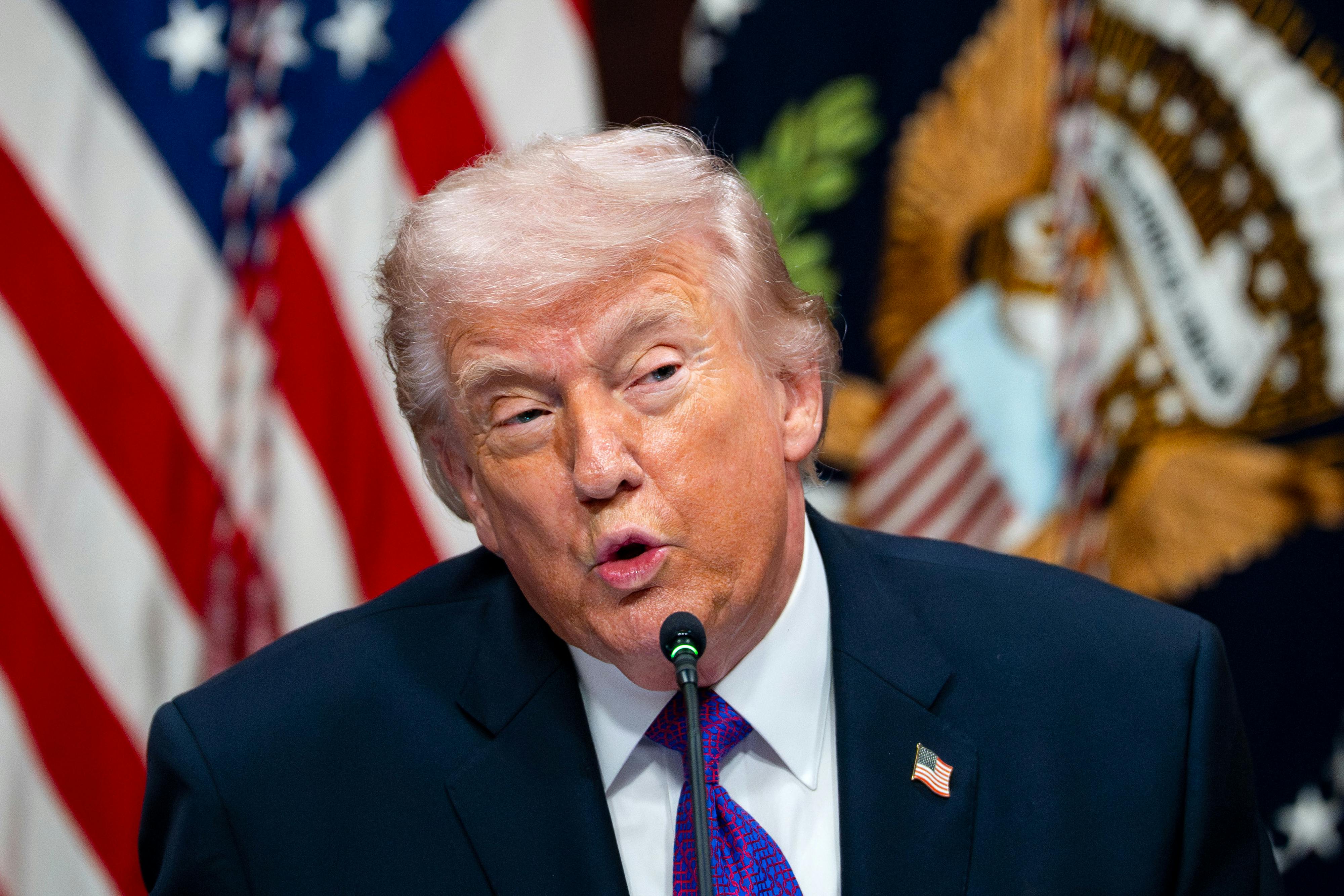 Donald Trump speaks into a microphone while sitting at a table