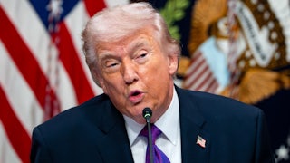 Donald Trump speaks into a microphone while sitting at a table