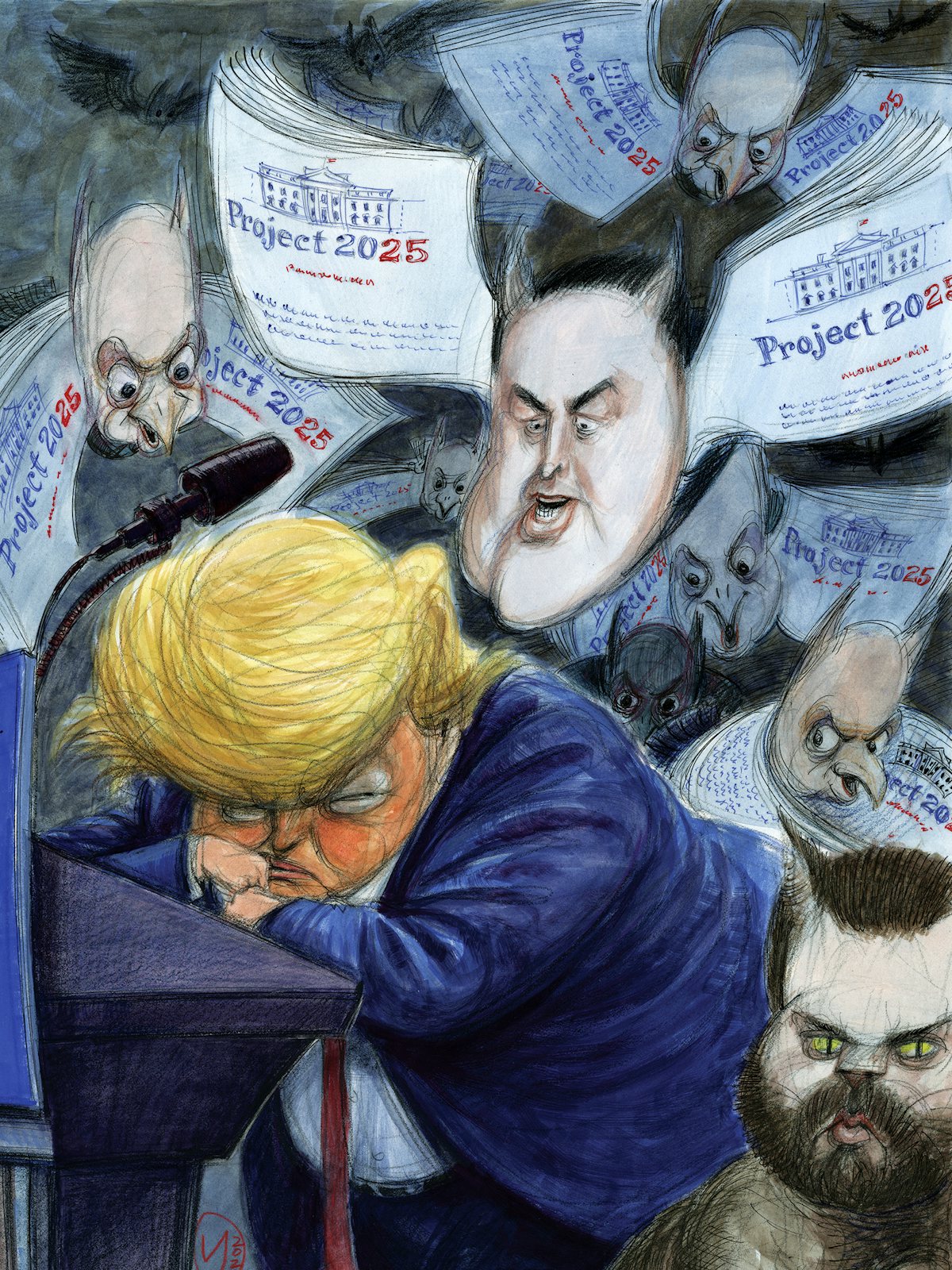 An illustration of Donald Trump slumped on a desk with bats that have human faces and wings made of project 25 pages flying around him