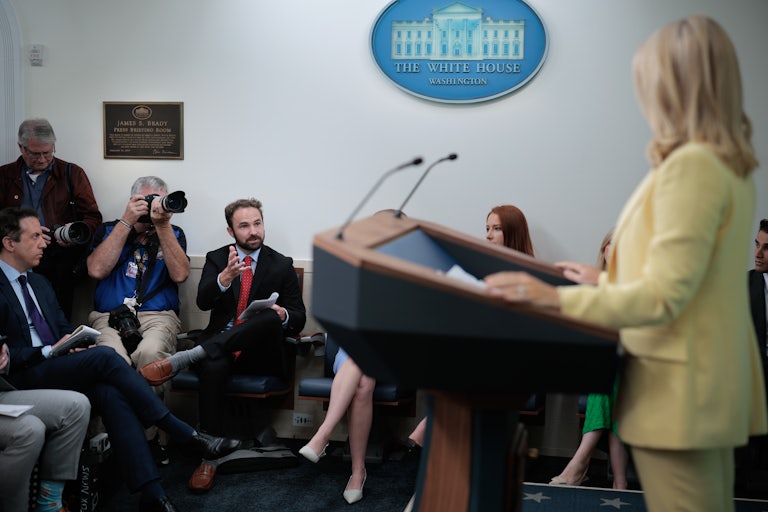 Liam Cosgrove, a reporter for Zero Hedge, gestures while asking Karoline Leavitt a question during a White House press briefing