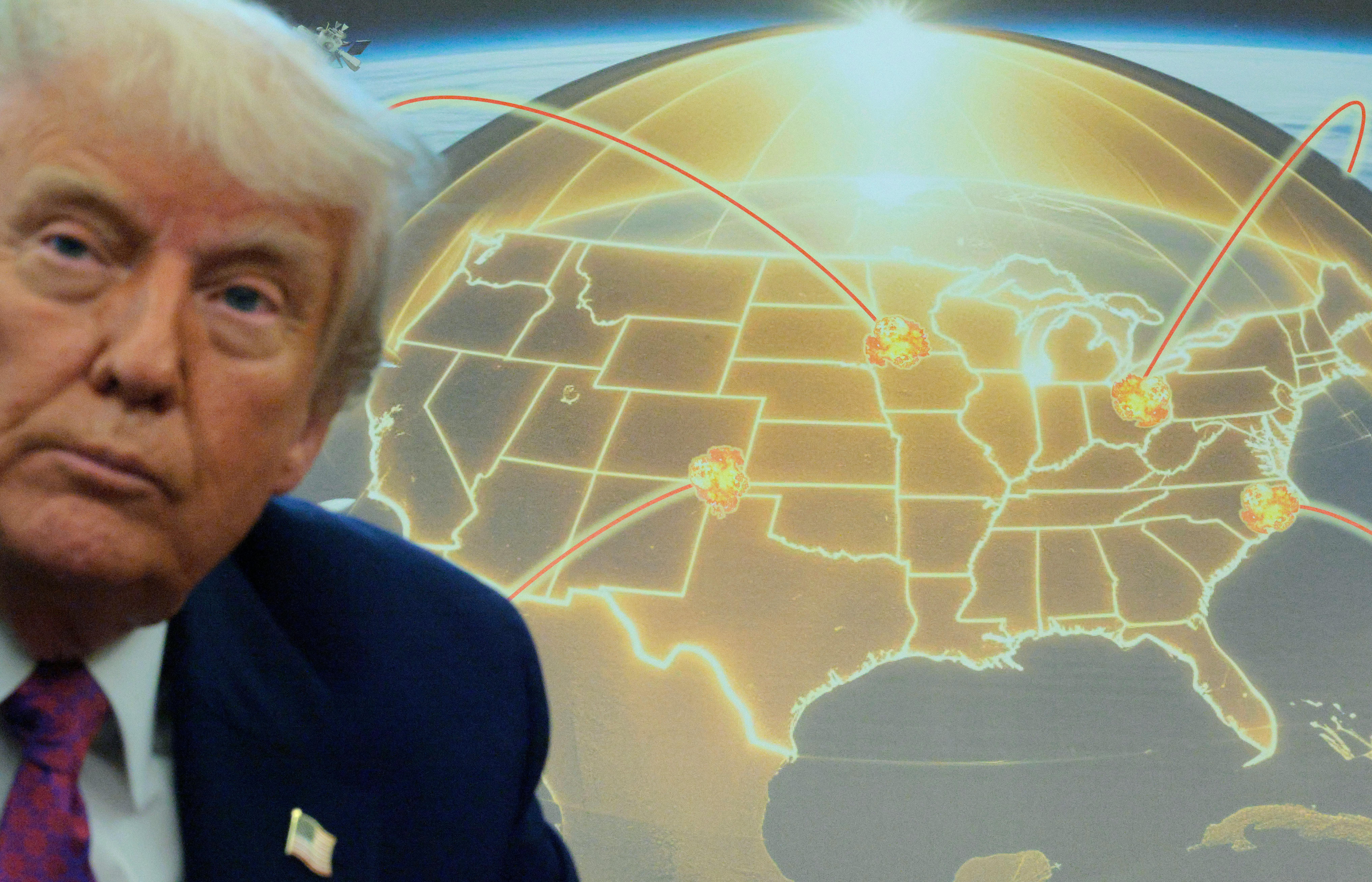 Trump stands in front of a gold map of the US beating hit by missiles 