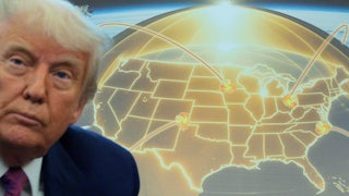 Trump stands in front of a gold map of the US beating hit by missiles