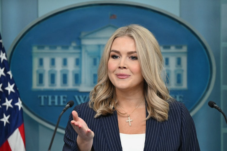 White House Press Secretary Karoline Leavitt gestures during a press briefing