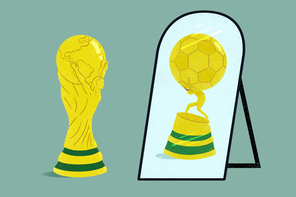 Illustration of the FIFA World Cup trophy beside a mirror where it reflects as a spoof on the sculpture of Atlas holding up the world- this time Atlas is holding up a soccer ball.