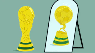 Illustration of the FIFA World Cup trophy beside a mirror where it reflects as a spoof on the sculpture of Atlas holding up the world- this time Atlas is holding up a soccer ball.