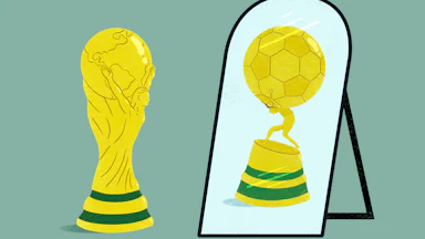 Illustration of the FIFA World Cup trophy beside a mirror where it reflects as a spoof on the sculpture of Atlas holding up the world- this time Atlas is holding up a soccer ball.