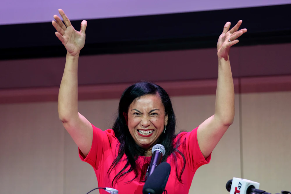 Representative Analilia Mejia, a progressive from New Jersey, speaking at a campaign event