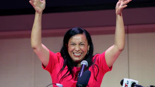 Representative Analilia Mejia, a progressive from New Jersey, speaking at a campaign event