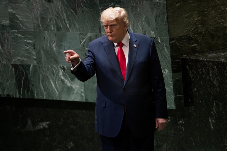 Donald Trump points while standing in the U.N. general assembly