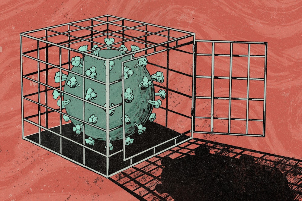 An artist’s illustration depicts a SARS-CoV-2 viral particle (the virus that causes Covid-19) in a cage, with the door open.