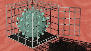 An artist’s illustration depicts a SARS-CoV-2 viral particle (the virus that causes Covid-19) in a cage, with the door open.