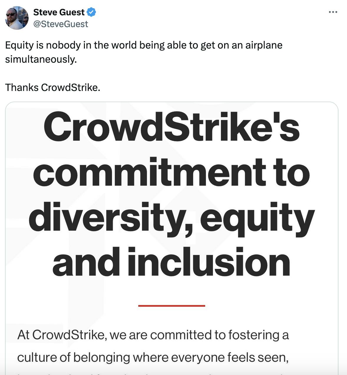 Twitter screenshot Steve Guest @SteveGuest: Equity is nobody in the world being able to get on an airplane simultaneously. Thanks CrowdStrike. With a photo screenshot of a CrowdStrike statement on DEI