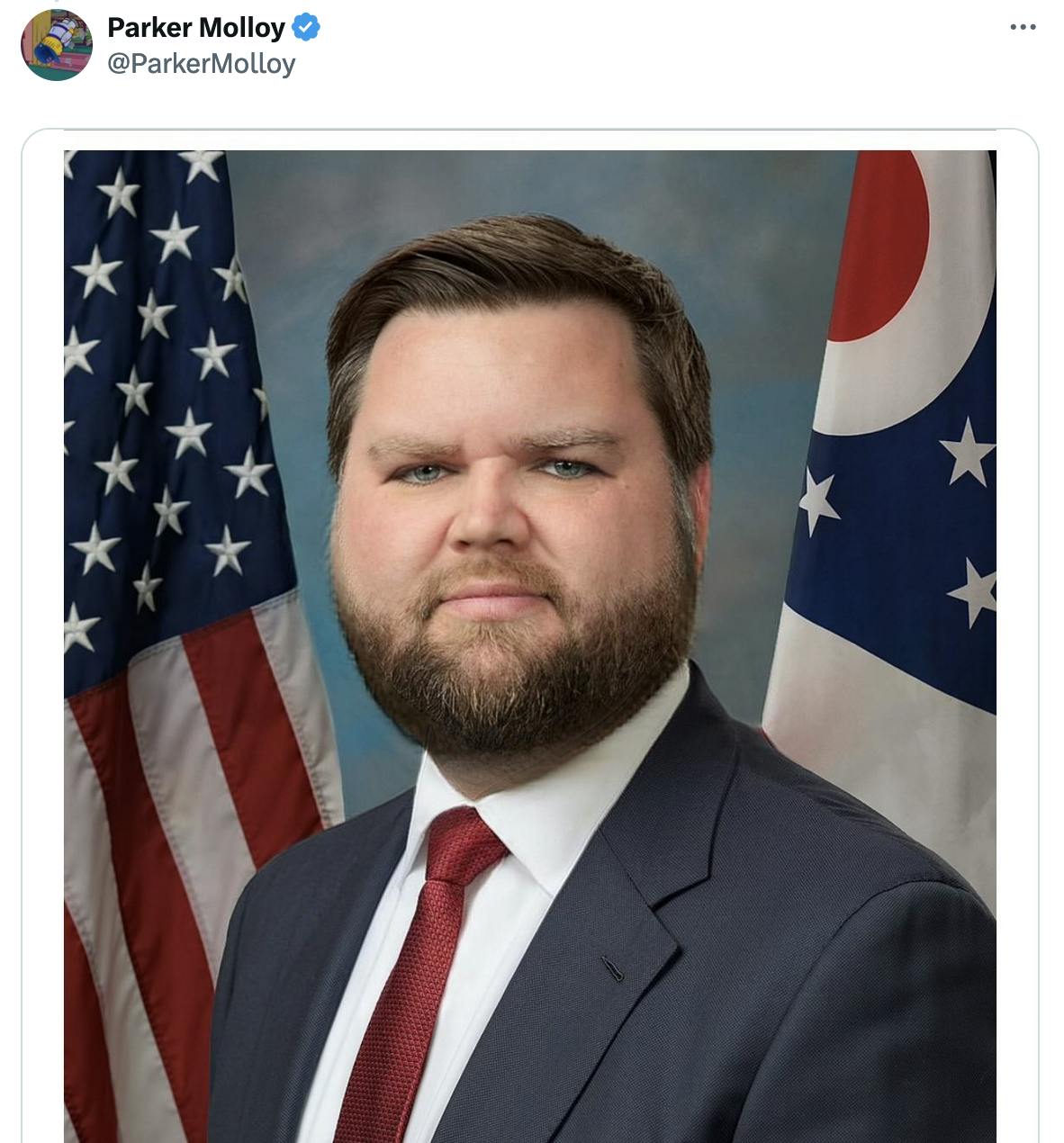 Twitter screenshot Parker Molloy @ParkerMolloy: (edited photo of J.D. Vance where he looks fatter/has bigger cheeks)