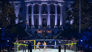 Two UFC fighters compete in a ring on the White House lawn