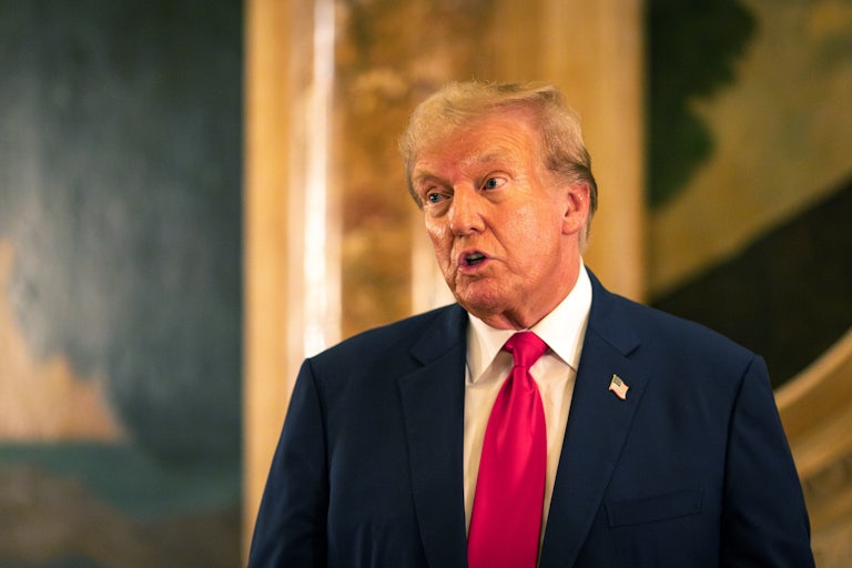 Donald Trump speaks, eyebrows raised