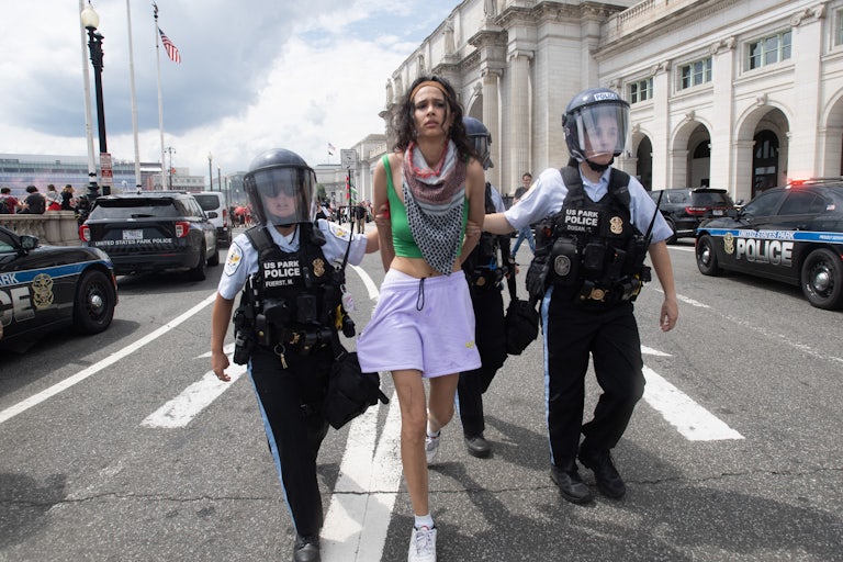 A pro-Palestine protester is detained in Washington, D.C. on July 24, 2024.