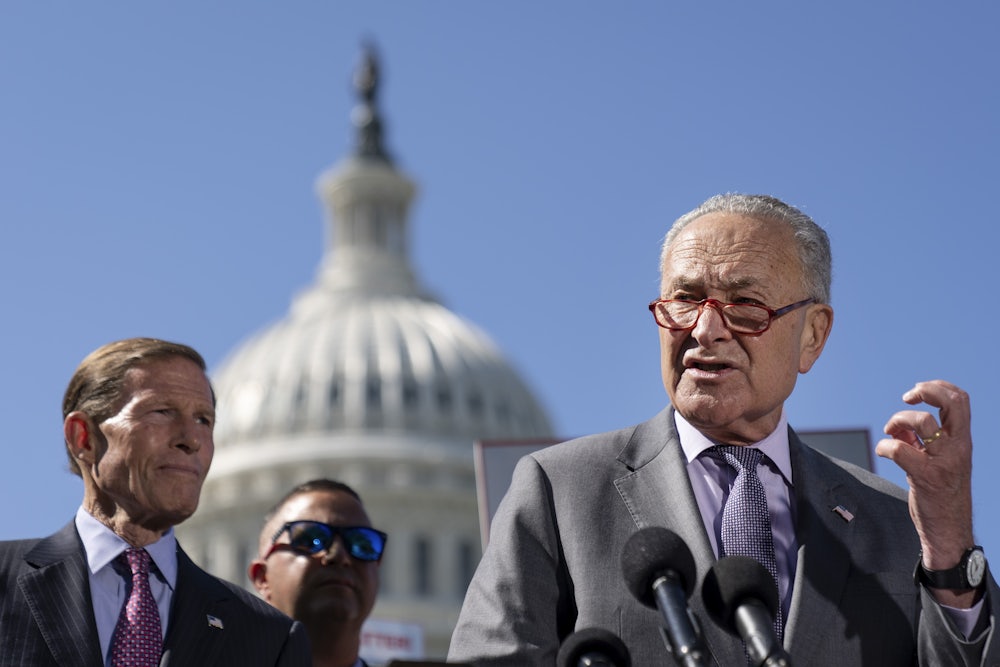 Chuck Schumer speaks at a podium.