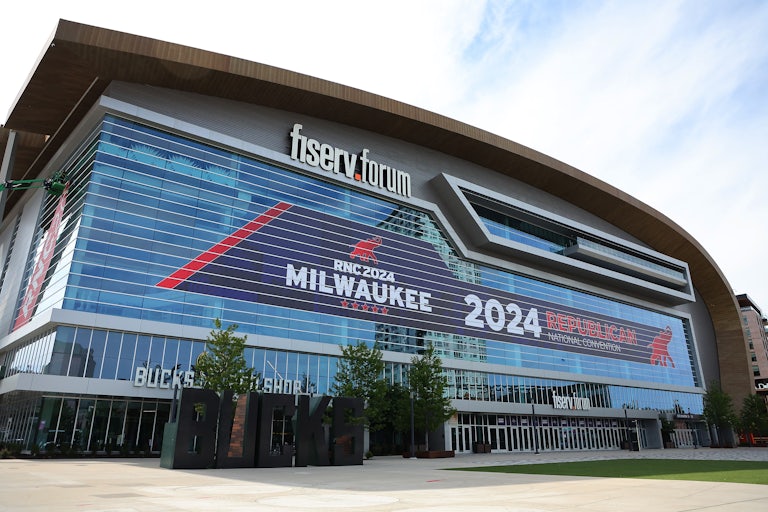 General view of the Fiserv Forum as workers install signage for the Republican National Convention in Milwaukee, Wisconsin.