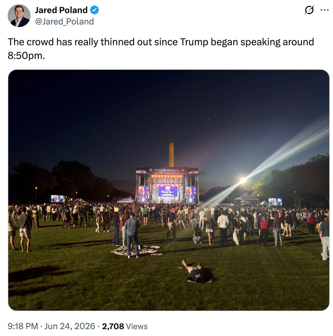 X screenshot Jared Poland @Jared_Poland The crowd has really thinned out since Trump began speaking around 8:50pm. (photo of a sparse crowd)