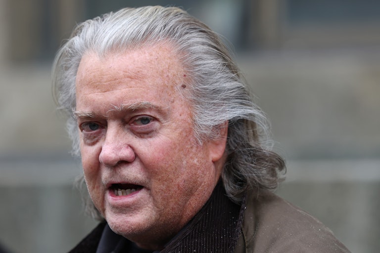 Steve Bannon speaks to reporters (not pictured) as he leaves Manhattan Criminal Court