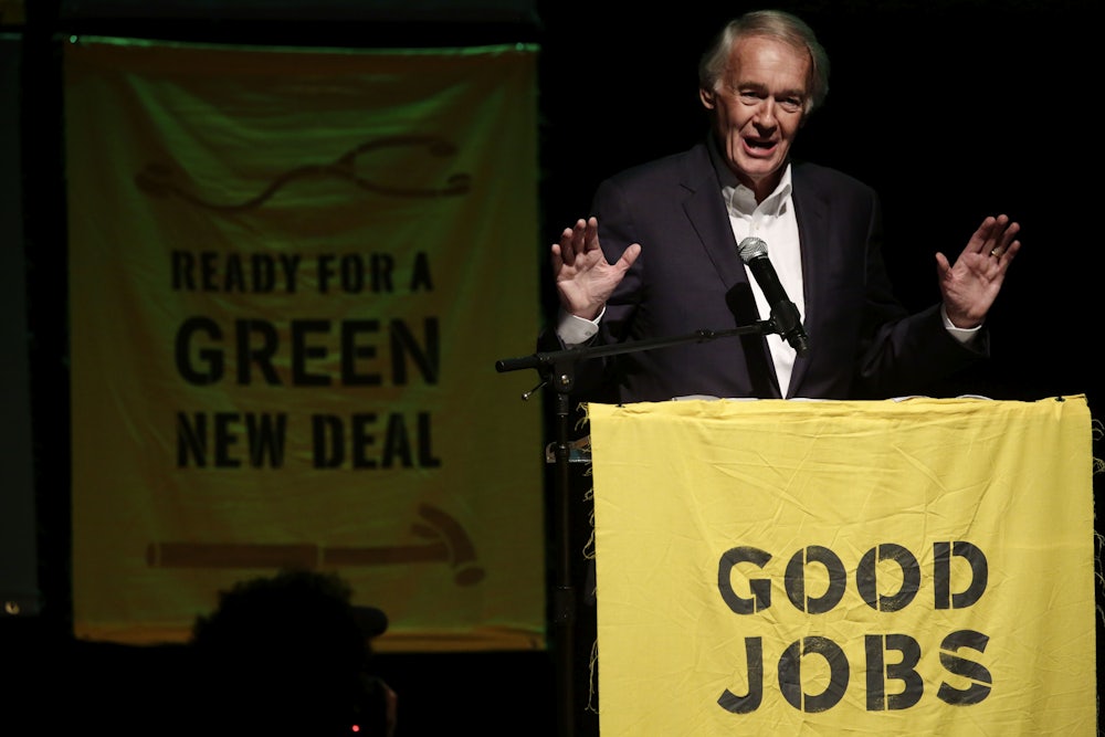 Massachusetts Senator Ed Markey speaks at a Sunrise Movement event.
