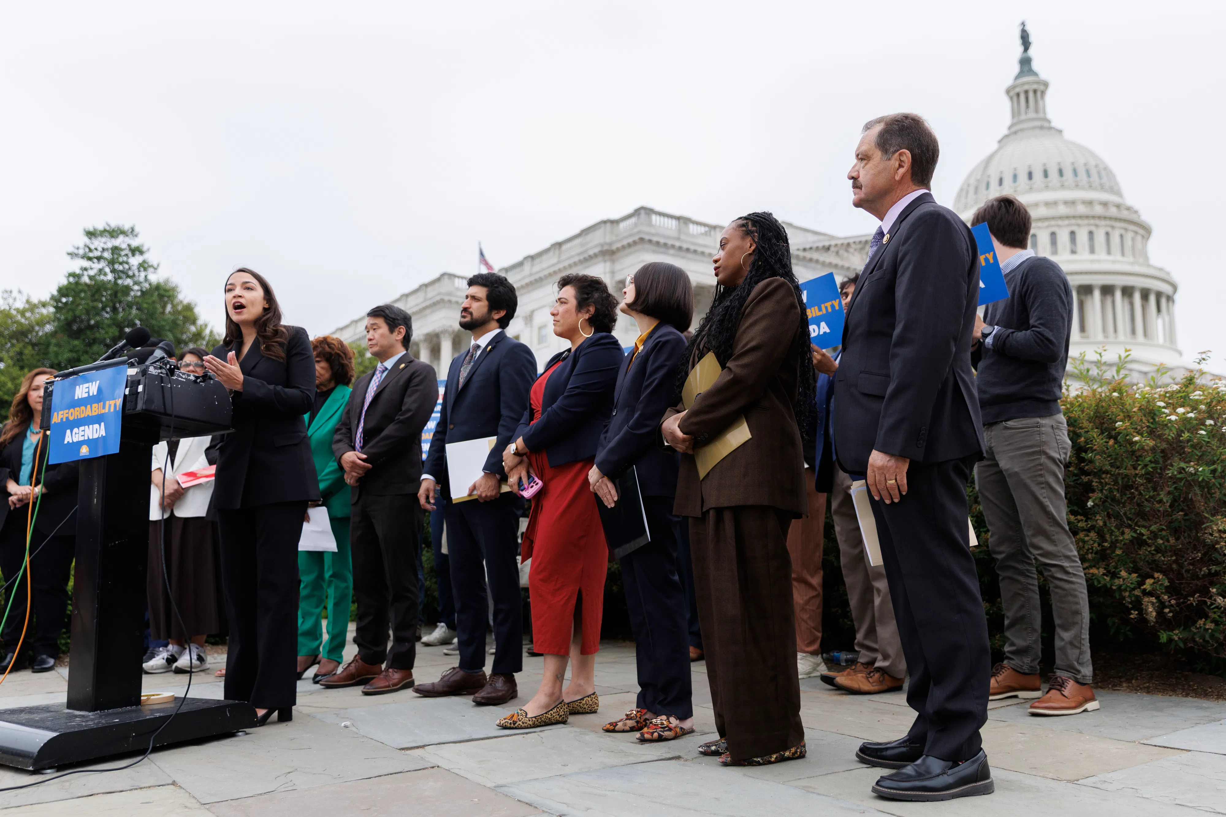Rep. Alexandria Ocasio-Cortez speaks during a news conference, where Democrats from the Progressive Caucus spoke on camera to roll out a new affordability strategy for Americans. 
