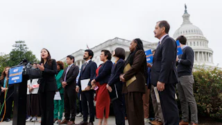 Rep. Alexandria Ocasio-Cortez speaks during a news conference, where Democrats from the Progressive Caucus spoke on camera to roll out a new affordability strategy for Americans.