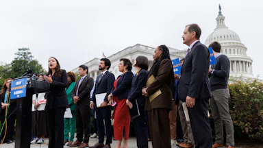 Rep. Alexandria Ocasio-Cortez speaks during a news conference, where Democrats from the Progressive Caucus spoke on camera to roll out a new affordability strategy for Americans.