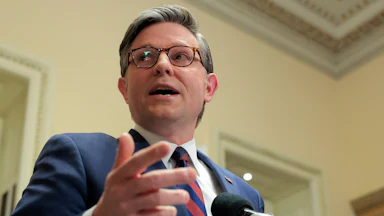 House Speaker Mike Johnson speaking to reporters in the Capitol