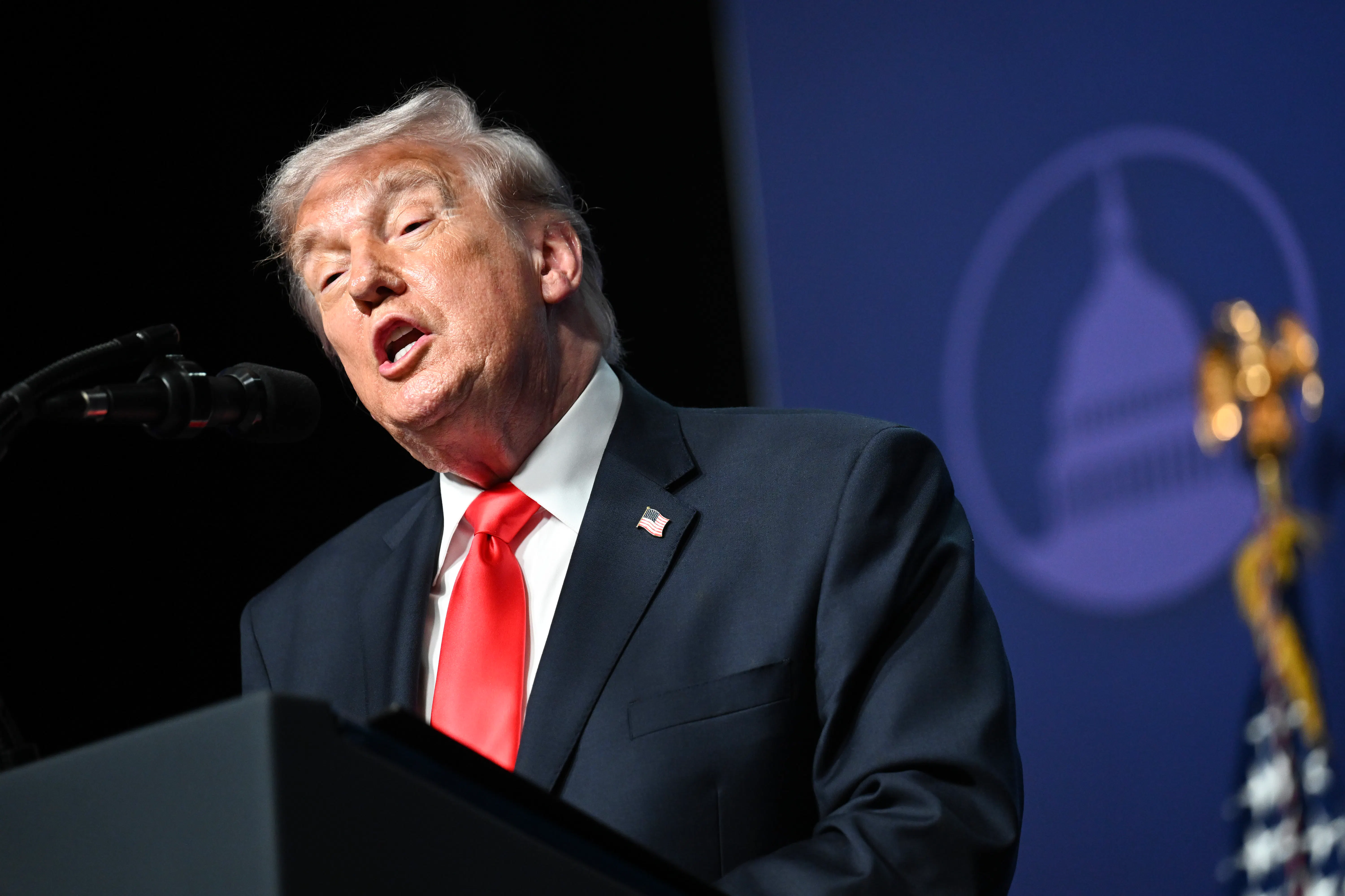 Donald Trump speaks into a microphone at a podium
