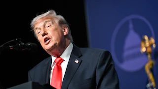 Donald Trump speaks into a microphone at a podium
