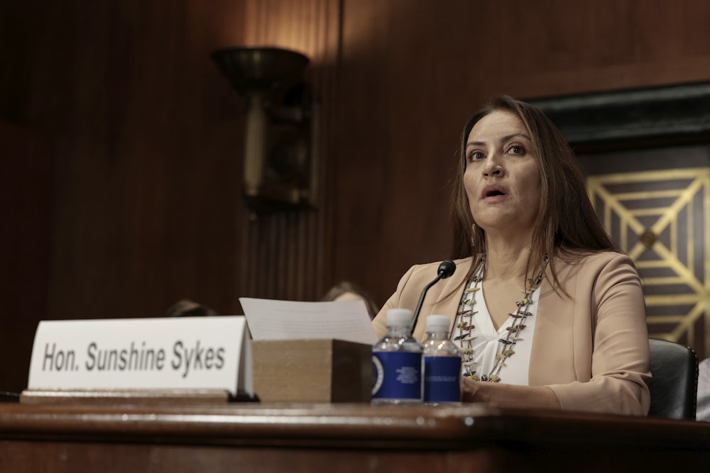 Sunshine Suzanne Sykes, a nominee to be U.S. district judge for the Central District of California, speaks during a Senate Judiciary Committee hearing.