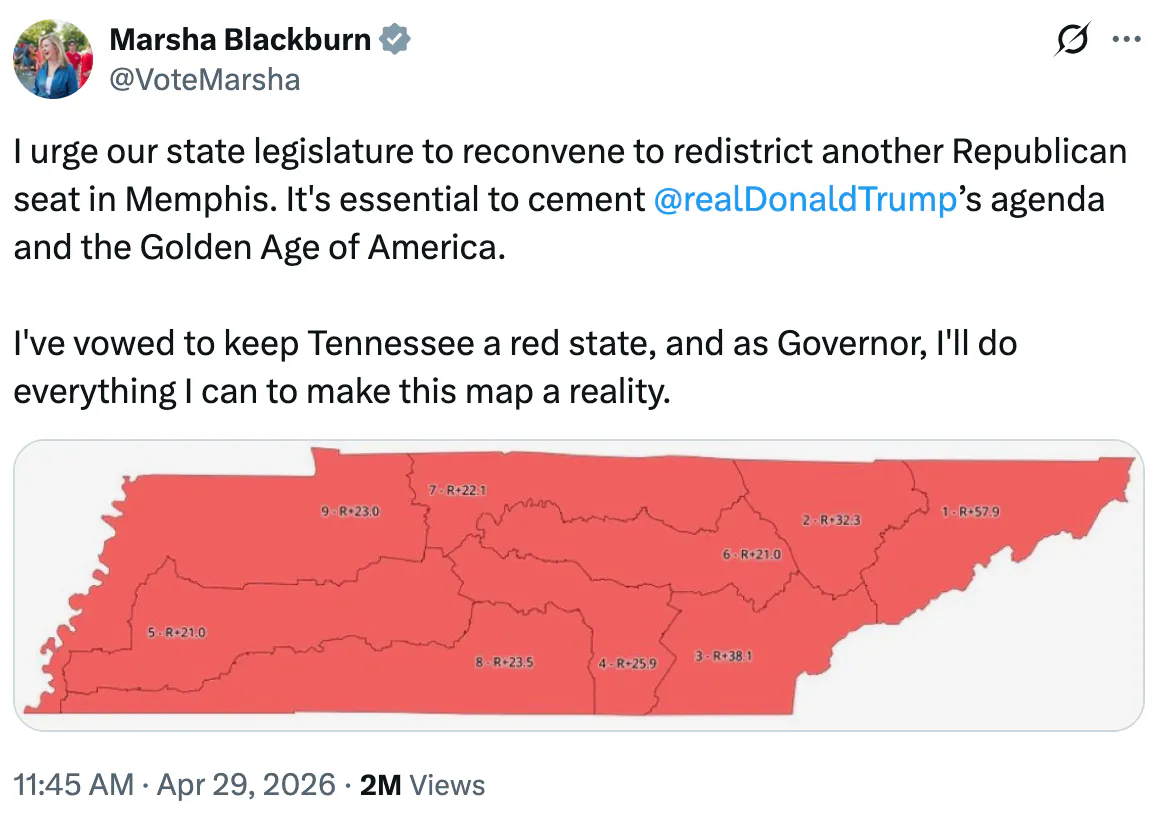 X screenshot Marsha Blackburn @VoteMarsha I urge our state legislature to reconvene to redistrict another Republican seat in Memphis. It's essential to cement @realDonaldTrump ’s agenda and the Golden Age of America. I've vowed to keep Tennessee a red state, and as Governor, I'll do everything I can to make this map a reality. (map of red Tennessee)