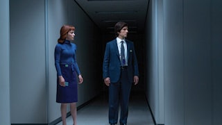 Mark S. (Adam Scott) and Helly R. (Britt Lower) stand in a hallway of the Severed floor of Lumon