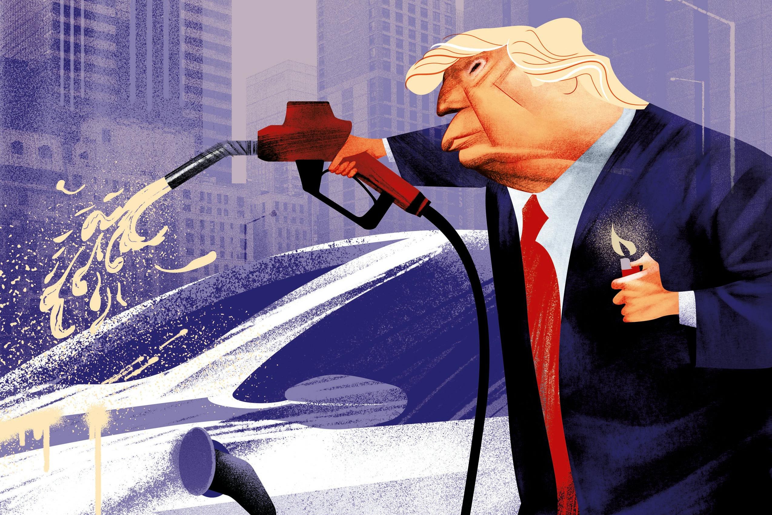 An illustration of Donald Trump pouring gasoline on an electric car and getting ready to light it on fire, symbolizing his desire to kill the electric car industry