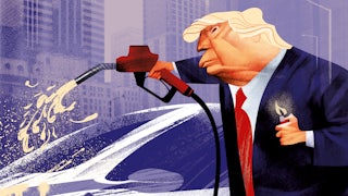 An illustration of Donald Trump pouring gasoline on an electric car and getting ready to light it on fire, symbolizing his desire to kill the electric car industry