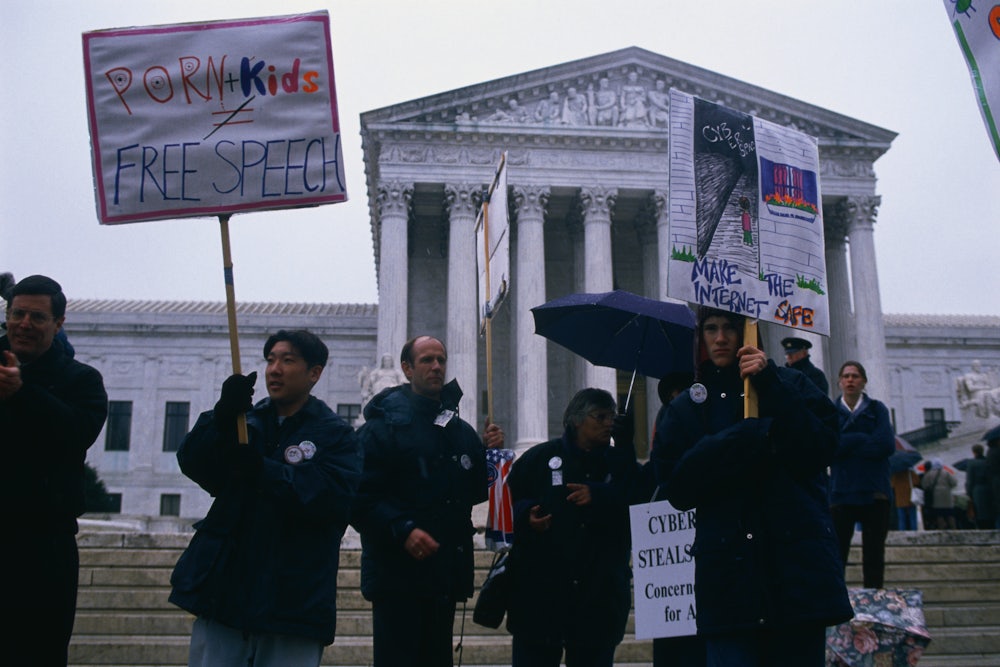 Protesters demonstrate against pornography on the internet in front of the Supreme Court.